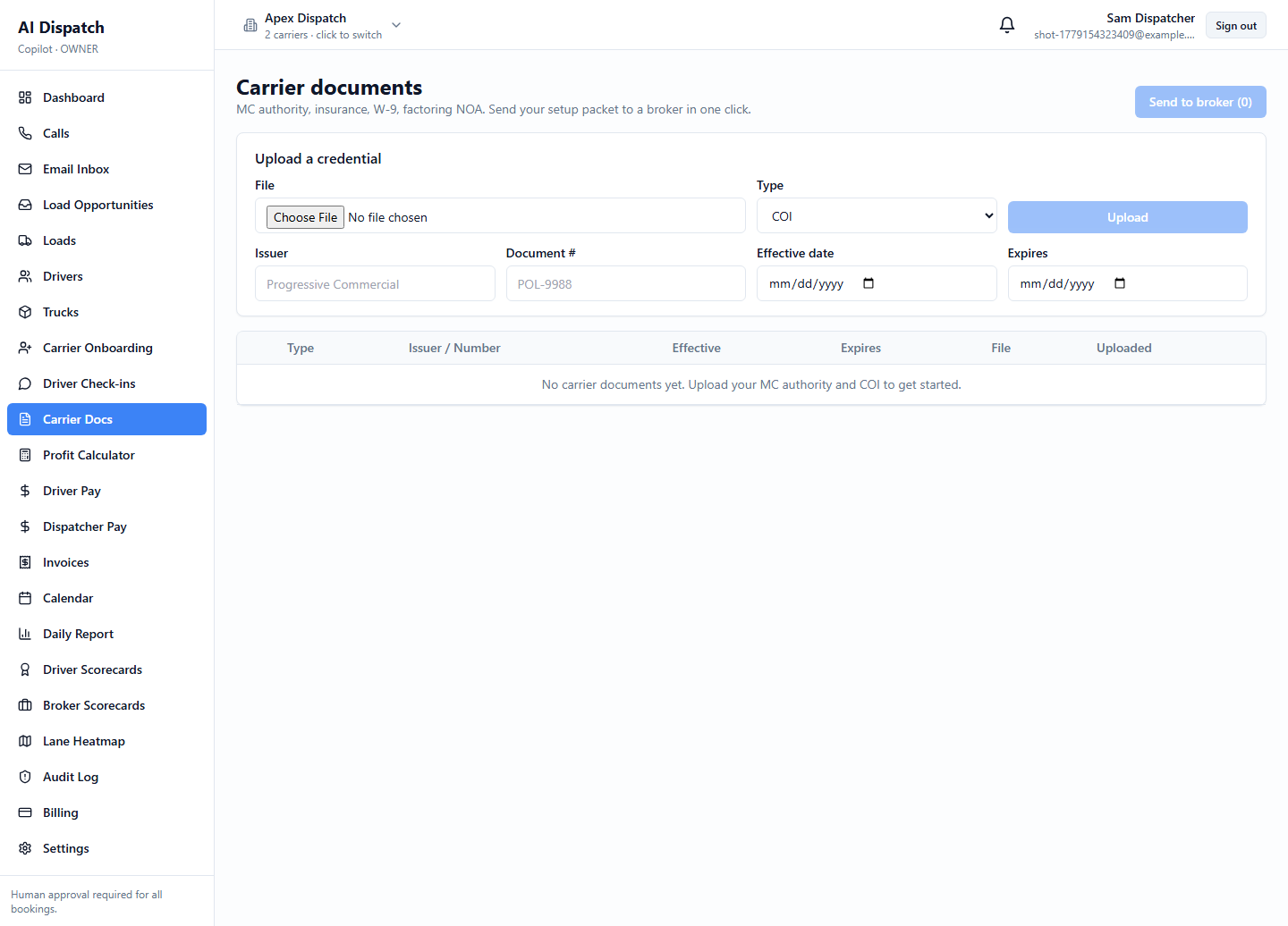 Carrier documents page showing COI, MC authority, W-9 with expiry dates